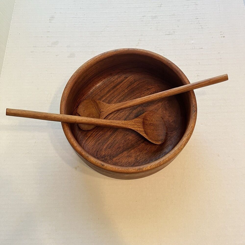 Vintage Wood Salad Serving Bowl Wooden Salad Server Utensil 10”